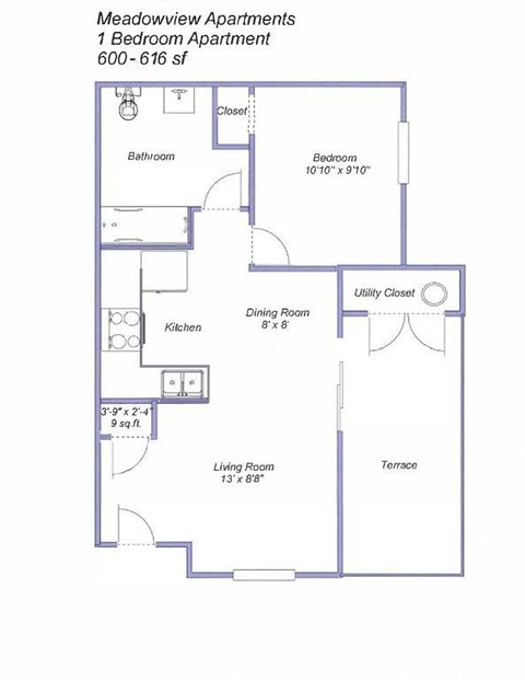 Floor plan for 1 bed, 1 bath, 616 sqft